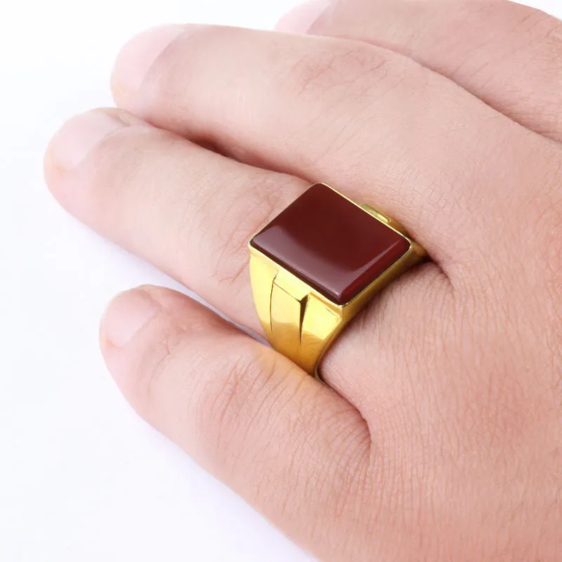 10k Yellow Gold Men's Ring with Red Agate Stone, Statement Ring for Men