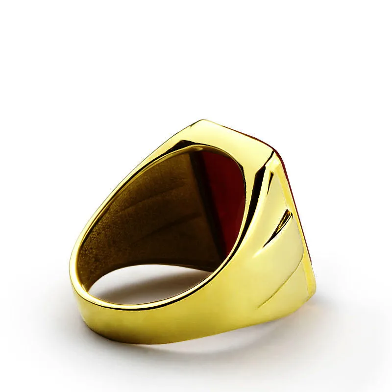 10k Yellow Gold Men's Ring with Red Agate Stone, Statement Ring for Men