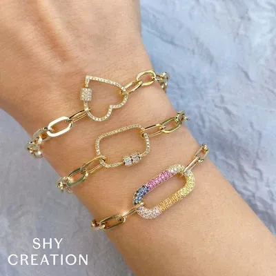 14K YELLOW GOLD DIAMOND HEART PAPER CLIP LINK BRACELET