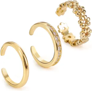 3pcs Toe Rings Set for Women, Gold Filled No Fading Adjustable 3 Styles Flowers Diamond Plain Open Toe Ring Summer Beach Jewelry Accessories for Foot