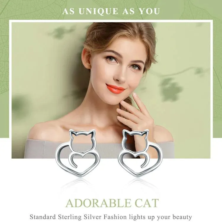 Authentic 925 Sterling Silver Cute Cat Small Stud Earrings for Women