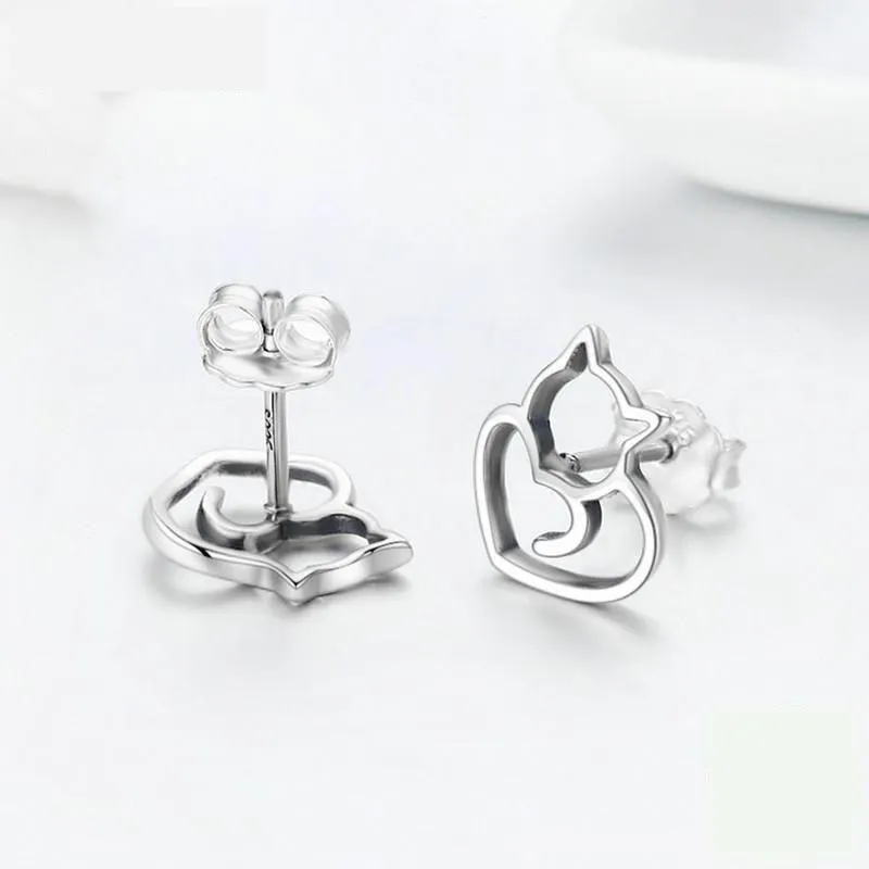 Authentic 925 Sterling Silver Cute Cat Small Stud Earrings for Women