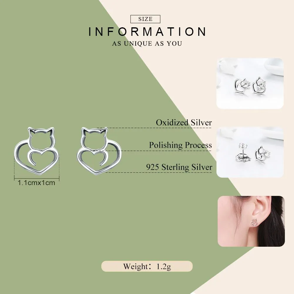 Authentic 925 Sterling Silver Cute Cat Small Stud Earrings for Women