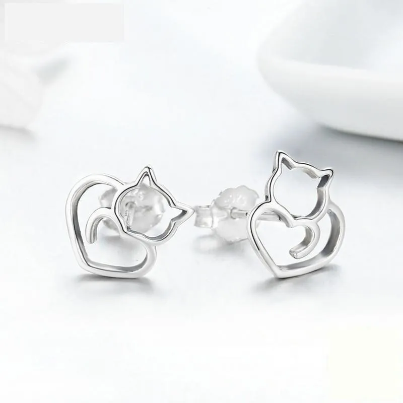 Authentic 925 Sterling Silver Cute Cat Small Stud Earrings for Women