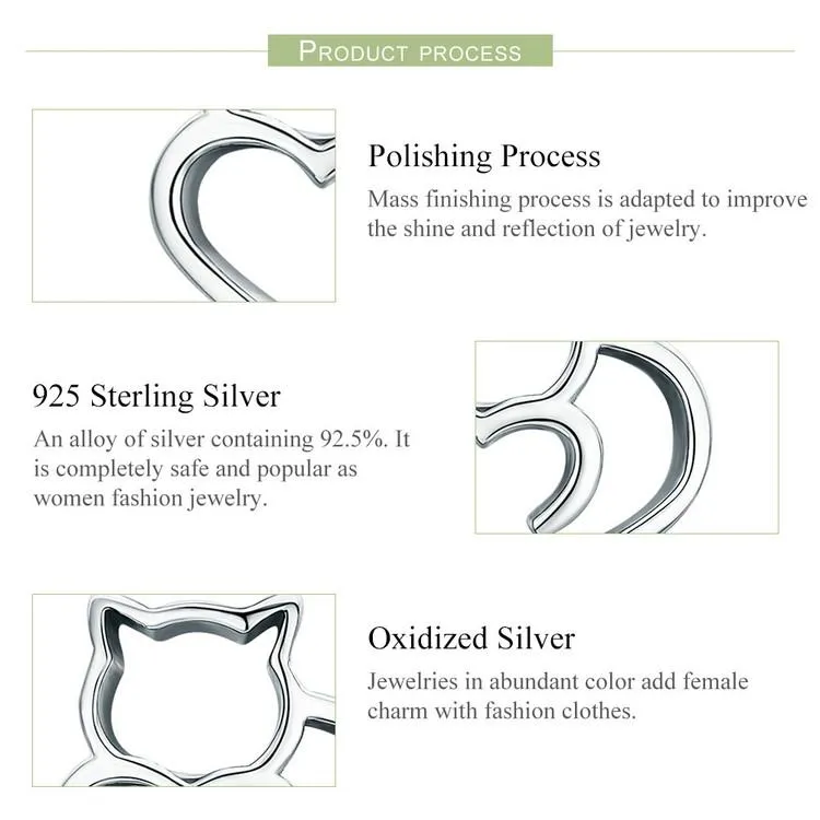 Authentic 925 Sterling Silver Cute Cat Small Stud Earrings for Women