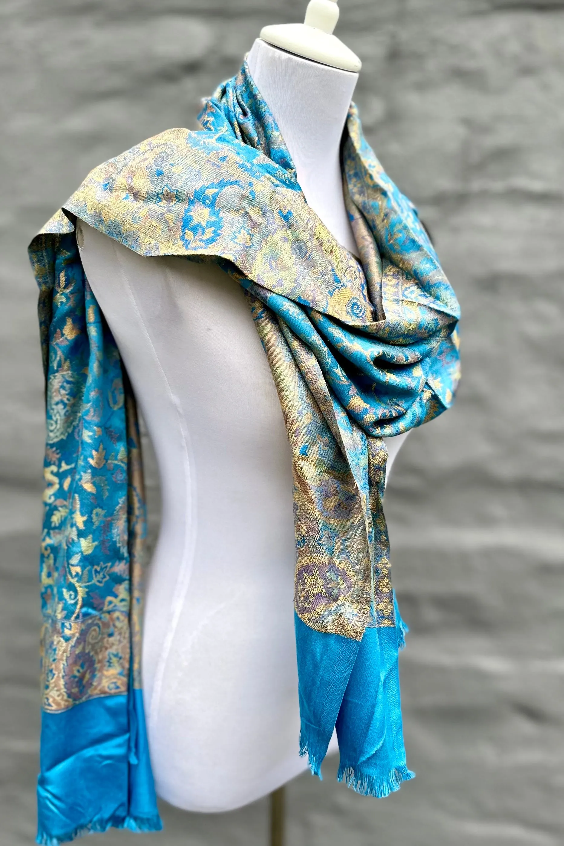 Cashmere & Bamboo Scarf In Sky Blue Botanical