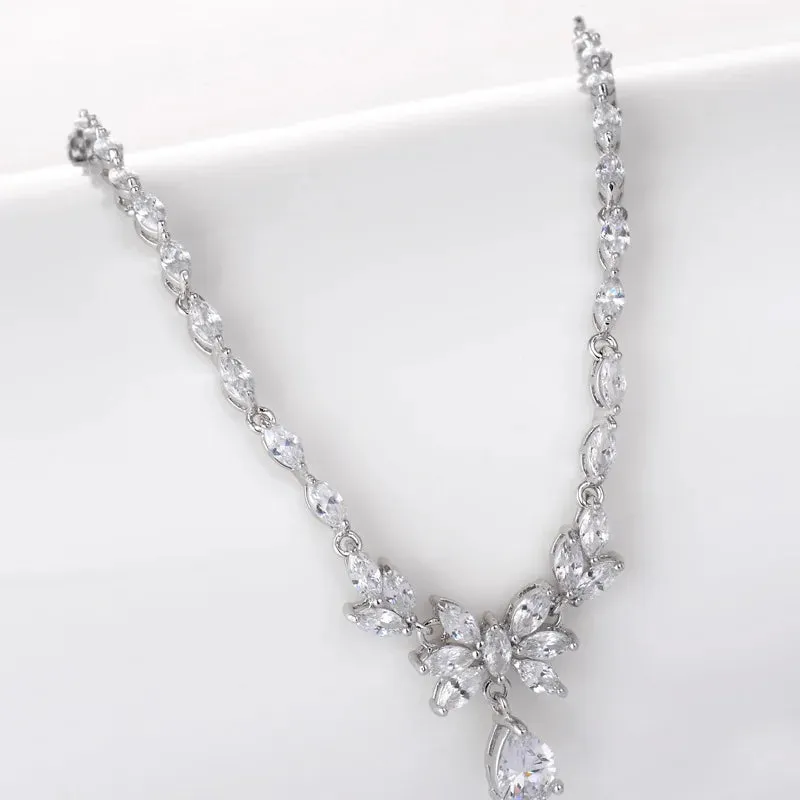 Exclusive Flower & Water Drop Pendant Cubic Zirconia Jewelry Set