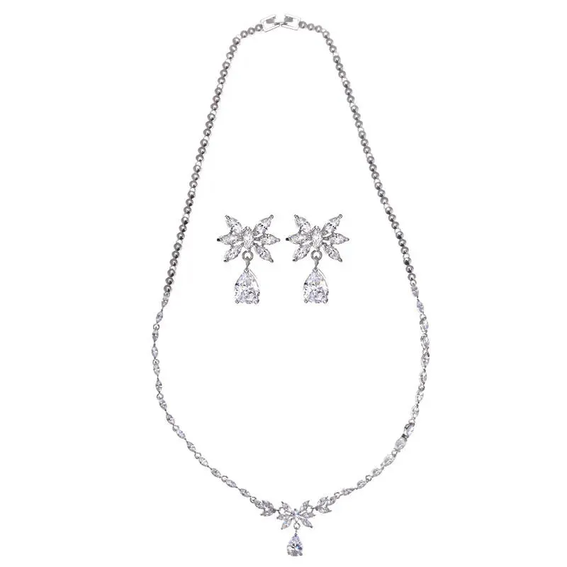 Exclusive Flower & Water Drop Pendant Cubic Zirconia Jewelry Set