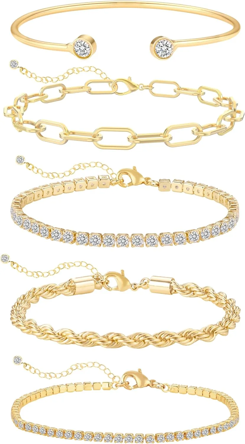 Gold Bracelets for Women, Dainty 14K Gold Plated Bracelet Stack Tennis Thin Bracelets, Trendy Stackable Bracelets, Golden Jewelry Set Link Bracelet Pack, Fashion Jewelry Pack for Women