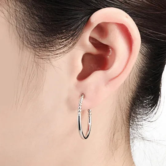 Half Beaded Round Hoop Earrings in 925 in Sterling Silver