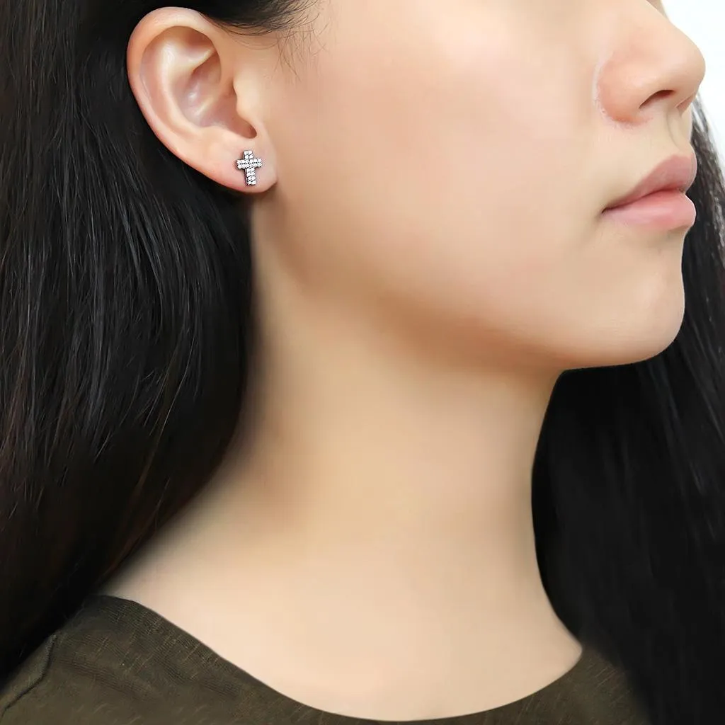 High polished (no plating) Stainless Steel Earrings with AAA Grade CZ in Clear for Women Clear Stone Color Style DA098