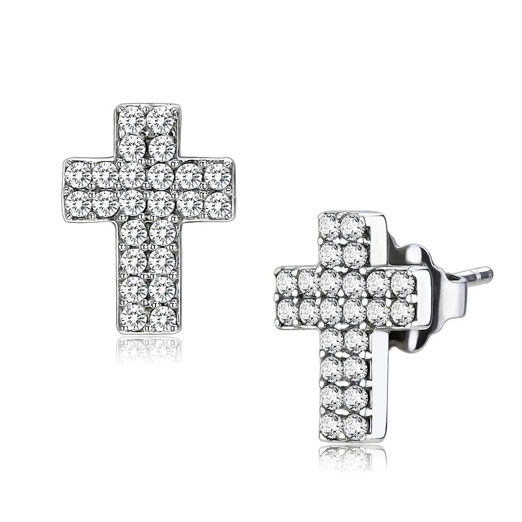 High polished (no plating) Stainless Steel Earrings with AAA Grade CZ in Clear for Women Clear Stone Color Style DA098