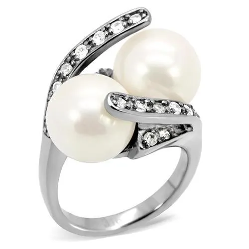 High polished (no plating) Stainless Steel Ring with Synthetic Pearl in White for Women Style TK113