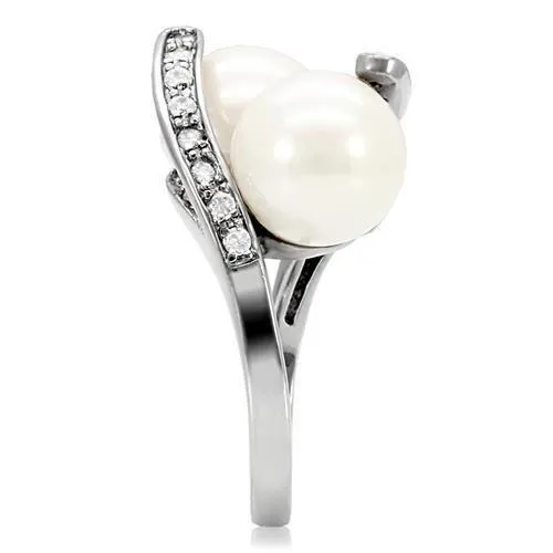 High polished (no plating) Stainless Steel Ring with Synthetic Pearl in White for Women Style TK113