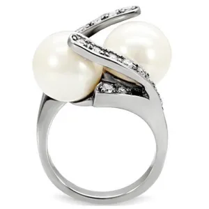 High polished (no plating) Stainless Steel Ring with Synthetic Pearl in White for Women Style TK113