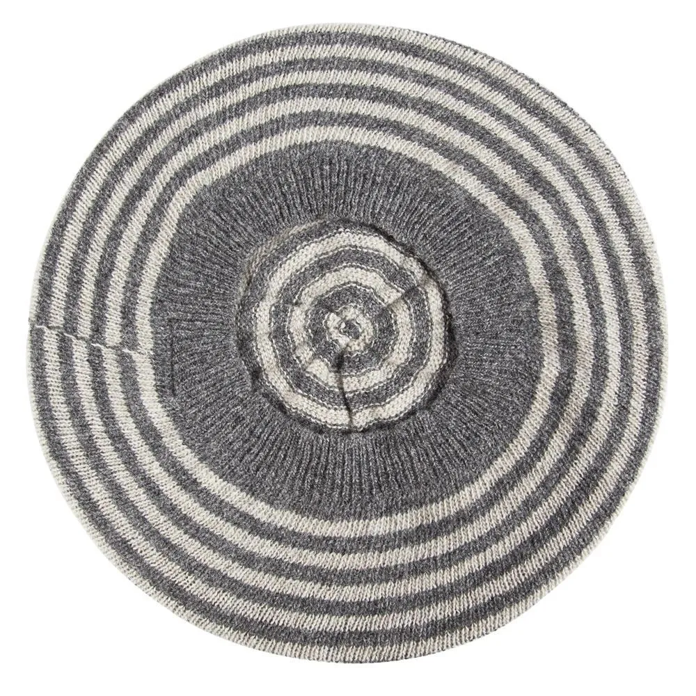 Lambswool Striped Beret - Derby Grey / Silverbirch