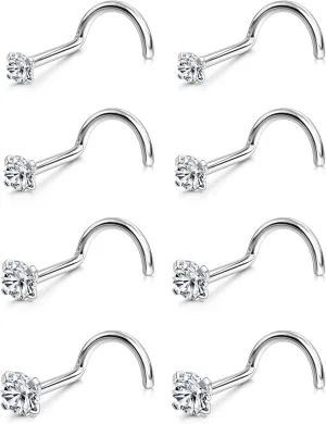 LOYALLOOK 8PCS Titanium Nose Rings, 20G/18G Corkscrew & L Shape Studs, Diamond CZ, Silver & Gold, Hypoallergenic, 1.5mm-3mm