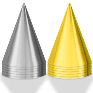 Solid Silver and Gold Foil Cone Party Hat Birthday Accessories, 12 Count