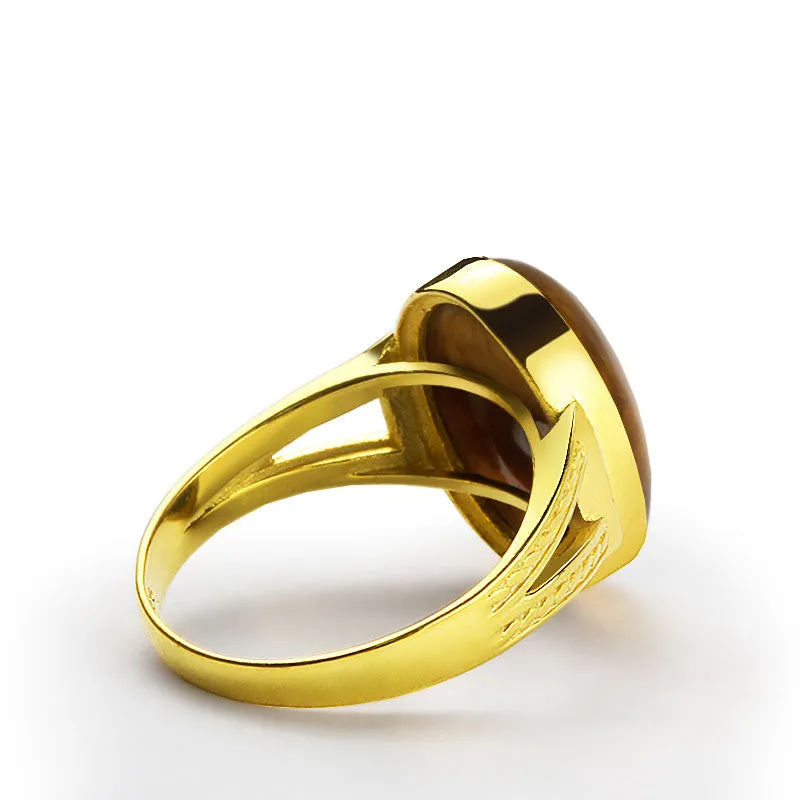 Tiger's Eye Men's Ring in 14k Yellow Gold, Natural Stone Ring