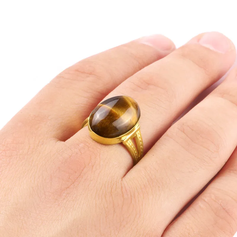 Tiger's Eye Men's Ring in 14k Yellow Gold, Natural Stone Ring
