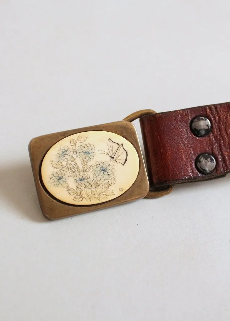 Vintage 1970s Craftmasters of Nantucket Scrimshaw Butterfly Belt