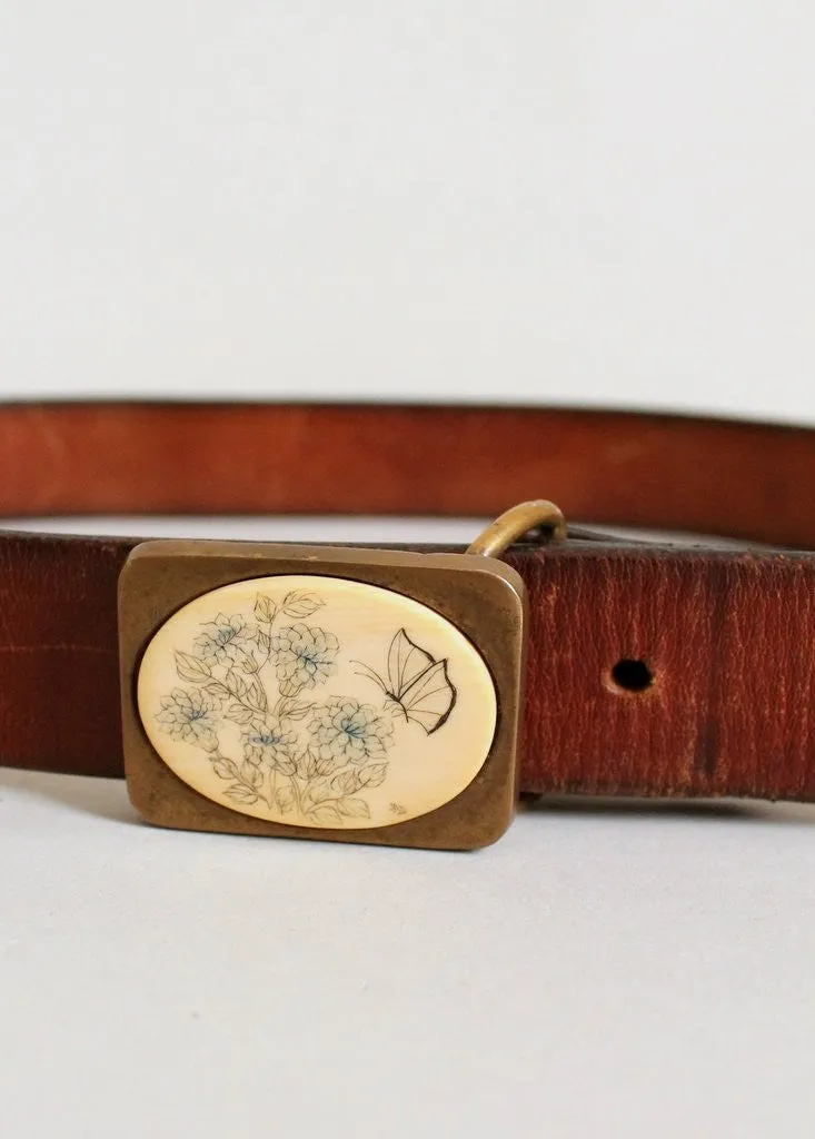 Vintage 1970s Craftmasters of Nantucket Scrimshaw Butterfly Belt
